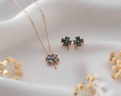 Birthstone Clover Necklace & Stud Earrings Set